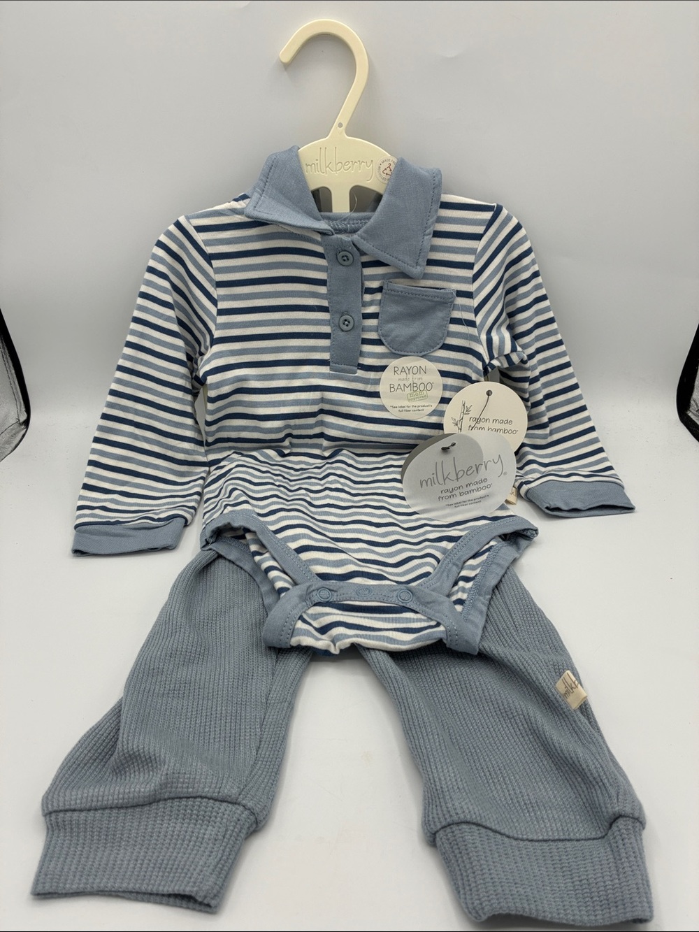 Milkberry Bamboo 2pc Blue White Striped Baby Polo Bodysuit Knit Pants 6-9 Months